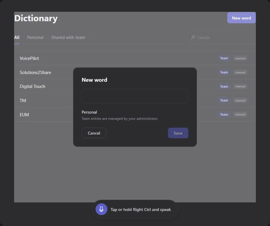 The Dictionary panel with the "New Word" dialog open