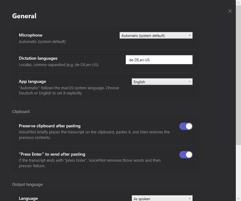 The Output Language setting with a language picker