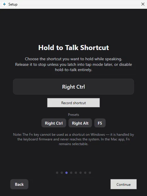 The Hold to Talk Shortcut step with its shortcut field, a Record shortcut button and the preset choices