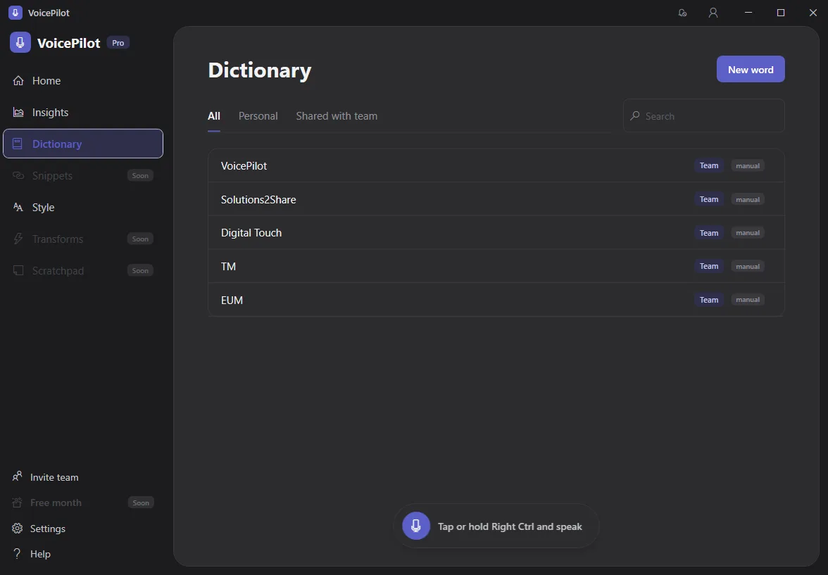 The Dictionary panel showing the Personal and Shared with team tabs with a handful of learned words
