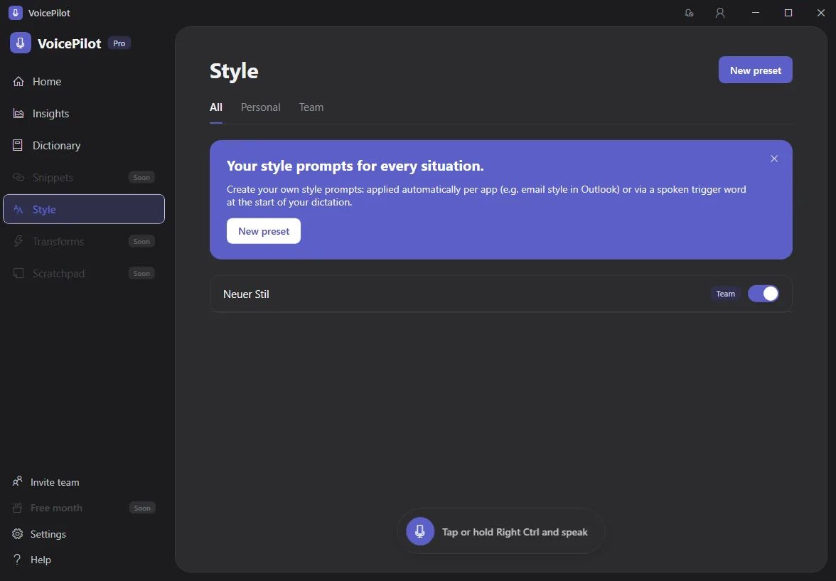 Style Presets settings with a per-app list and a tone selector