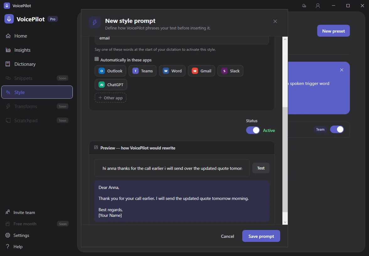 The style prompt editor scrolled down to the rewrite preview, with the Test button and the Status toggle
